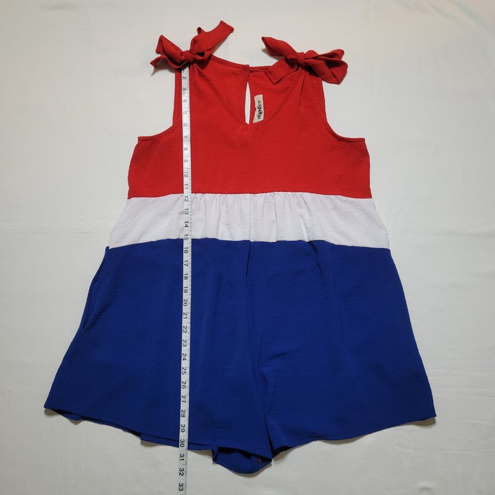Haptics Patriotic Red White Blue Colorblock Romper Shoulder Ties Americana Small - Picture 4 of 11